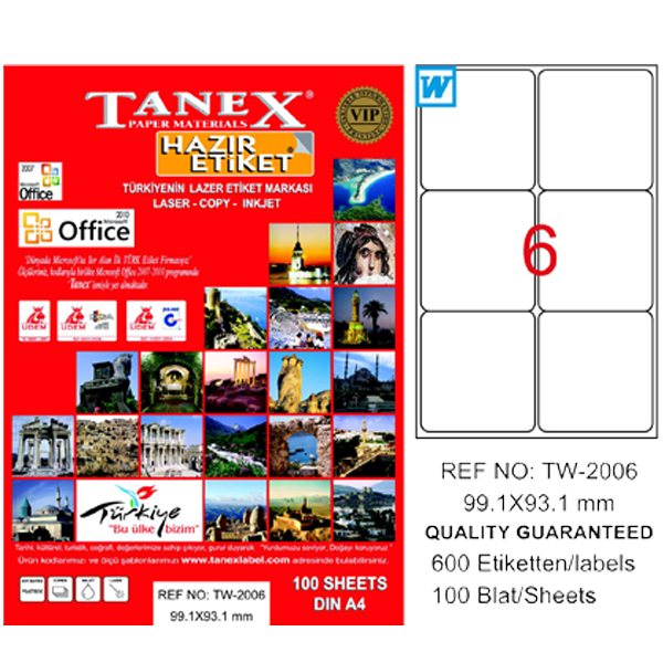 Tanex Laser Etiket 100 YP 99.1x93.1 Laser-Copy-Inkjet TW-2006